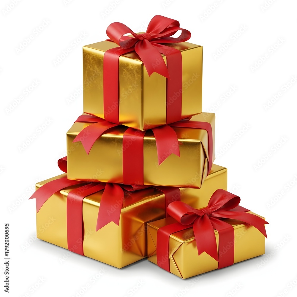 Fototapeta premium Stack of golden gift boxes with red ribbons
