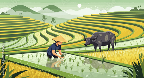 Serene rice terraces landscape with farmer and water buffalo illustration