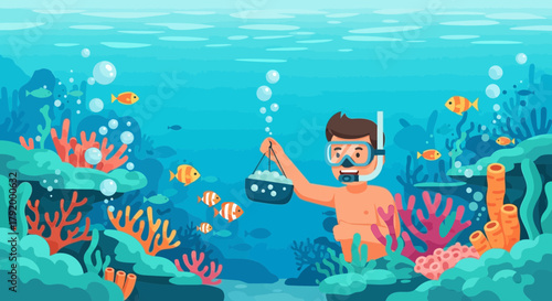 Underwater Exploration: Cartoon Diver Discovering Marine Life and Coral Reefs