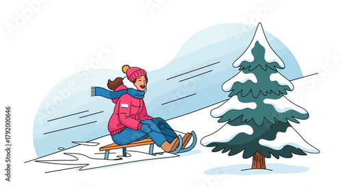Joyful girl sledding down snowy hill in winter wonderland, enjoying seasonal outdoor activity