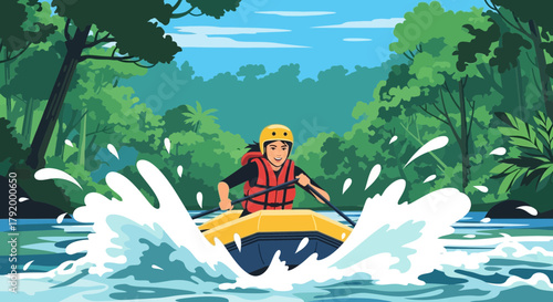 Exhilarating river rafting adventure through lush rainforest setting on vivid blue water