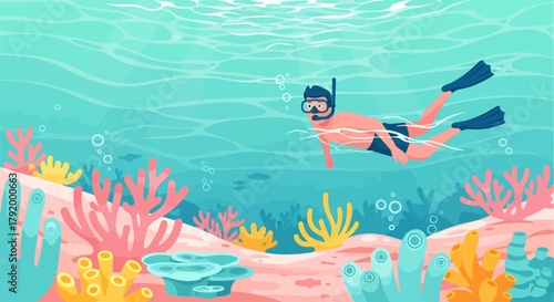 Vector illustration of a man snorkeling in a vibrant coral reef setting