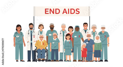 Diverse group of people and medical professionals standing under a banner that reads 'END AIDS', conveying a supportive and awareness mood.