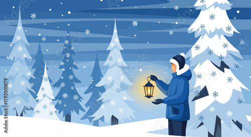 Winter forest scene with a person holding a lantern amidst snowy trees