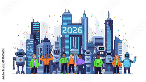 Future City: A vivid illustration presents a futuristic cityscape, inhabited by both human figures and robotic companions, united in a shared urban environment.