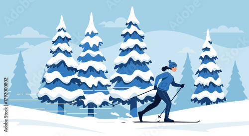 Serene winter landscape illustration of a cross-country skiing woman in snow