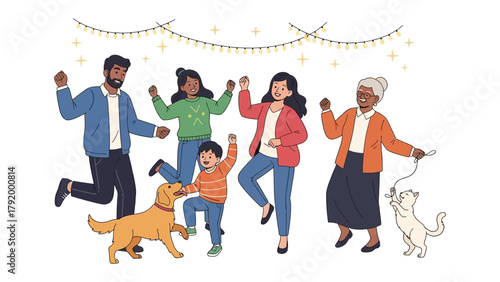 Dancing family: A joyful family celebrates a happy moment, with some children and pets in the house dancing together, filled with happiness and love.