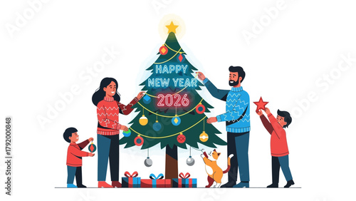 Festive Family Moments: A family decorates a Christmas tree, their faces alight with cheer, creating a heartwarming scene of festive joy and togetherness amidst a flurry of ornaments and presents.