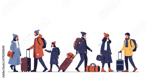 Illustration of people walking in a line with luggage and bags in a flat, colorful style against a white background.