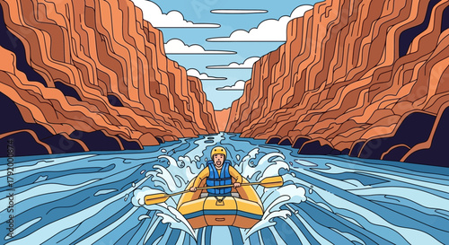 Illustration of exhilarating rafting adventure through a canyon river landscape
