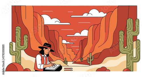 Illustrative Journey: Artist Capturing Desert Majesty with Creative Flair