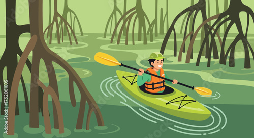 Whimsical kayaking illustration through serene mangrove forest environment