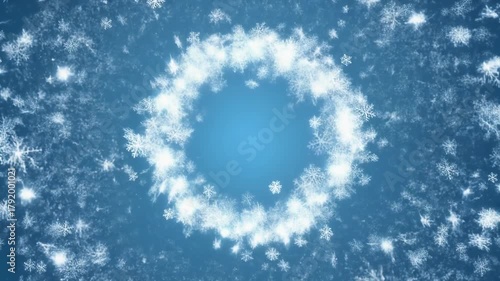 Magical snow blizzard swirl forming from center expanding outward sparkling circular winter motion graphic effect