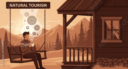 Relaxing moment on the swing with hot drink at country house in nature