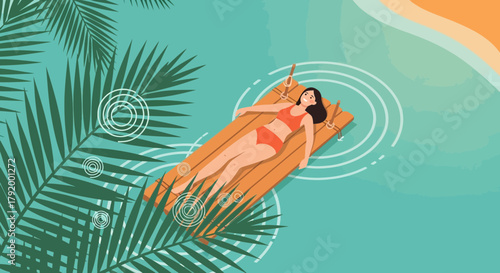 Illustration of a woman relaxing on a raft in tropical waters near a shoreline