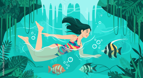 Harmonious Aquatic Scene: A Woman's Swim Amidst Exotic Flora and Fauna Underwater