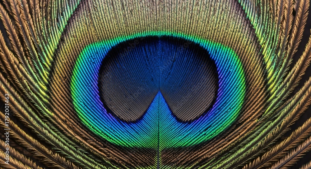 Obraz premium Extreme closeup macro shot of a vibrant peacock feather, showcasing the intricate details and iridescent eyespot with stunning blue, green, and gold colors