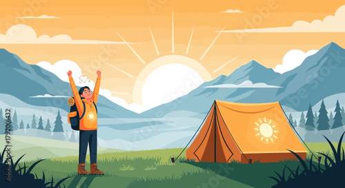 Embracing the dawn: A hiker's joyous moment by the tent with mountainous vista