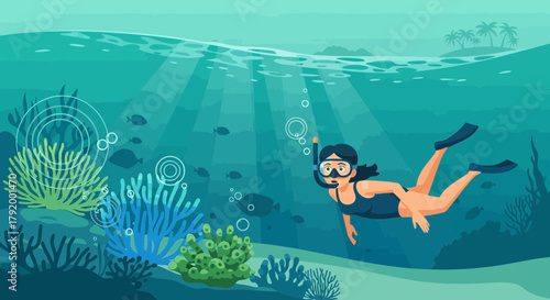 Underwater adventure: A vibrant depiction of a female snorkeler exploring the depths