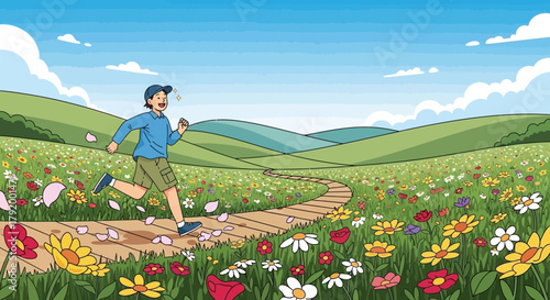 Joyful run through a blooming meadow on a bright, sunny day illustration