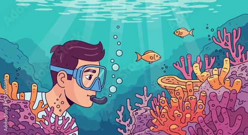 Illustration of Scuba Diver Exploring a Vibrant Coral Reef Ecosystem Underwater