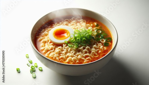 A cup of instant noodles, boiled in a spicy broth, on a clean white background.