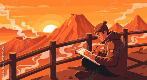 A Tranquil Sunset Vista: An Artist Captures Volcanic Majesty in a Landscape