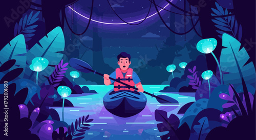 Nighttime kayak adventure through mystical forest waters illuminated by glowing flora