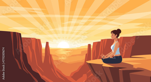 Serene Yoga Practice at Sunrise on a Cliff Overlooking a Desert Landscape