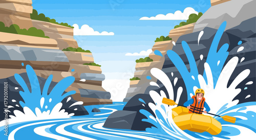 Cartoon illustration of a person rafting down a river through a canyon