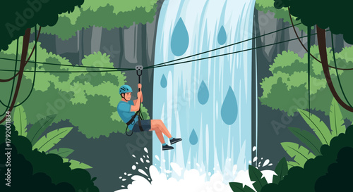 Adventurous zip-liner soaring over a picturesque waterfall in a lush jungle