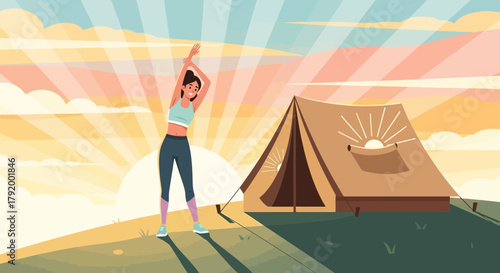 Morning stretch at campsite: A serene start to a camping adventure at sunrise