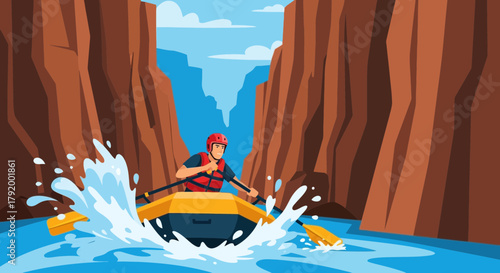 Cartoon Illustration of Rafting Adventure Through a Majestic Canyon Setting