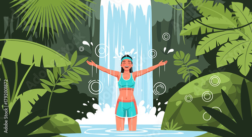 Illustration of woman stands in front of waterfall enjoying nature and freshness