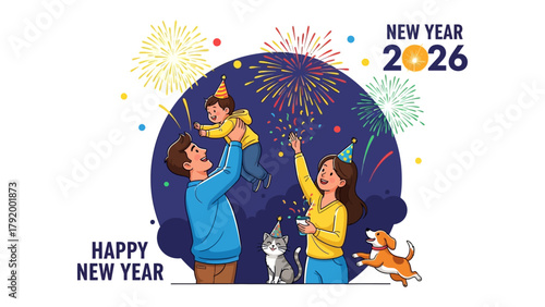 New Year 2026 Celebration: A cheerful family celebrating the new year with fireworks in the night sky, their joyous moment captured in vivid detail.