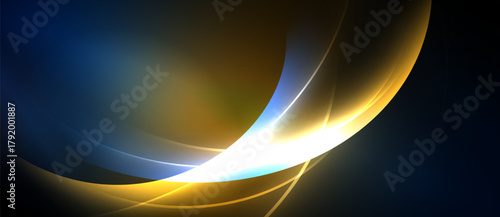Abstract design features flowing curves, vibrant colors. Blue, gold, white blend creating dynamic visual effect. Smooth gradients dominate composition.
