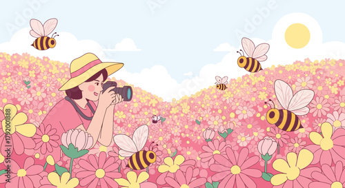 Capturing nature's beauty, a photographer in a field of flowers with buzzing bees