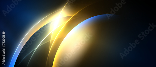 Abstract light shapes blend, creating luminous curves. Bright yellow radiates against deep blue, evoking energy, motion. Smooth gradients dominate composition.