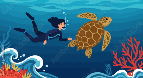 Deep sea diving with a calm turtle in blue ocean waters with coral reefs