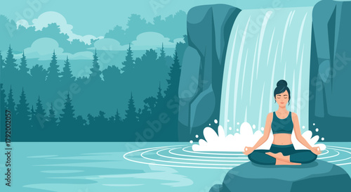 Woman meditates near a waterfall in a serene landscape for inner peace