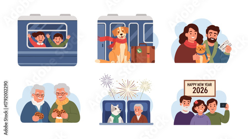 Happy Family Celebration of 2026: An illustrated depiction of families, celebrating together through different means of transportation. Capturing scenes of travel and shared joy for the new year.