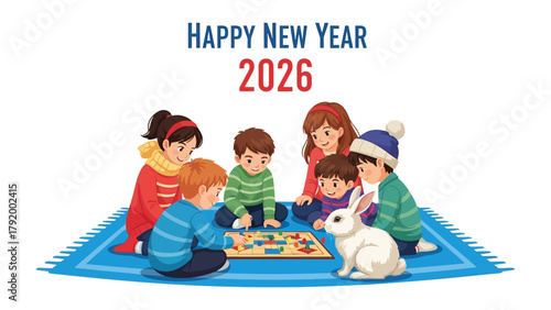 A Joyful 2026: Youngsters and a bunny Gathered in the new year. Capturing the fun of youngsters playing a game
