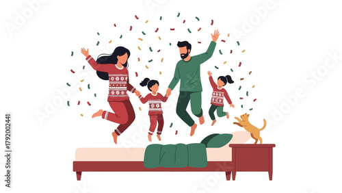 Family's Joyful Leap: A family shares a moment of boundless joy, leaping high in the air as colorful confetti rains down, surrounded by happiness and familial love.