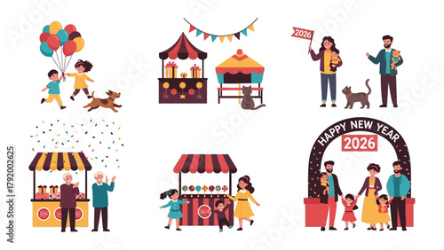 Festival Fun: Charming illustration capturing the festive spirit with stalls, families, and lively celebrations. Joyful depiction of families and stalls. Festive, carnival ambiance.