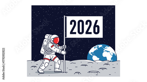 Astronaut on the Moon: A spacewalking astronaut plants a flag on the moon, symbolizing the arrival in 2026, with the Earth visible in the distance.