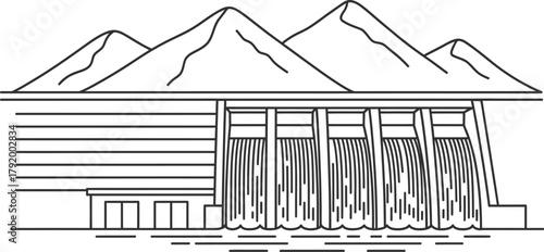 Minimalist line drawing of a hydroelectric dam with mountains in the background
