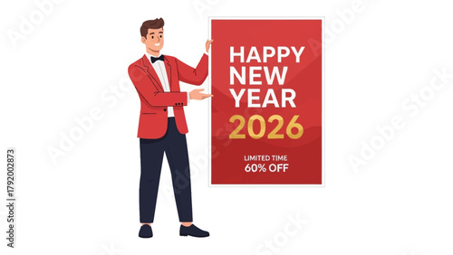 New Year Promotion: A smartly dressed individual proudly presents a vibrant banner, announcing Happy New Year 2026 alongside an attractive Limited Time 60% Off offer.