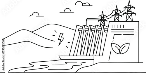 Hydroelectric power plant illustration generating clean renewable energy source