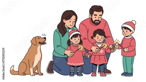 Family Sparkler Celebration: A heartwarming scene unfolds as a family of five, including children, parents, and a dog, comes together to celebrate with sparklers.