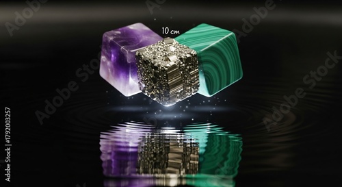 A captivating arrangement of amethyst, pyrite, and malachite cubes, suspended and reflected, showcasing the beauty and geometry of natural minerals